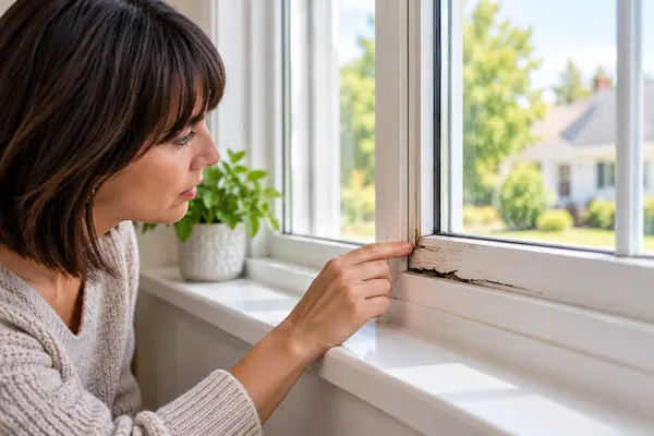 Homeowner inspecting a damaged residential window frame with cracked and deteriorating material near the sill.