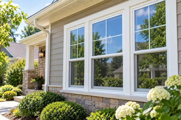 Newly installed residential windows on a suburban home following a full window replacement.