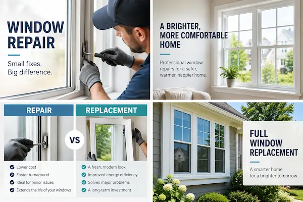 Side-by-side comparison of residential window repair and full window replacement options for a home.