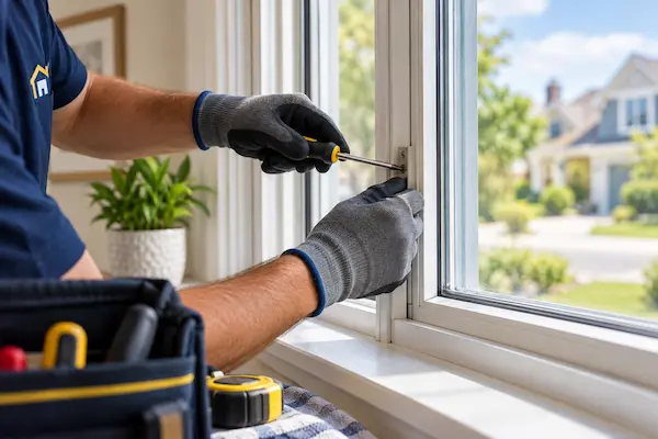 Professional repairing window hardware inside a residential home as part of a window repair service.