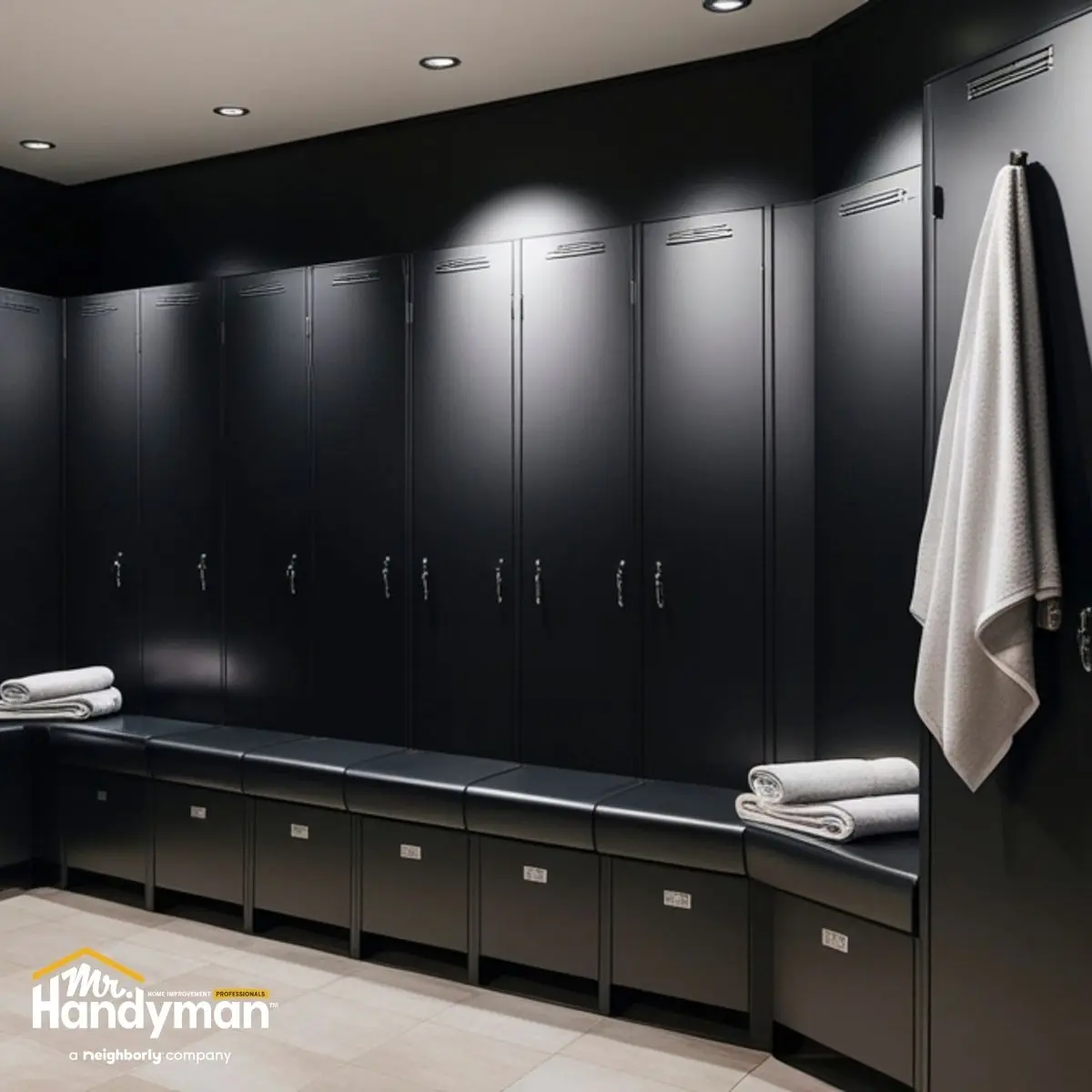 Mr. Handyman technician servicing locker room plumbing fixtures at a Nashville fitness facility