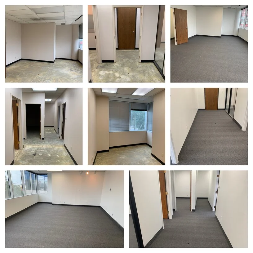 Several pictures of a commercial office space before and after new flooring has been installed by Mr. Handyman.