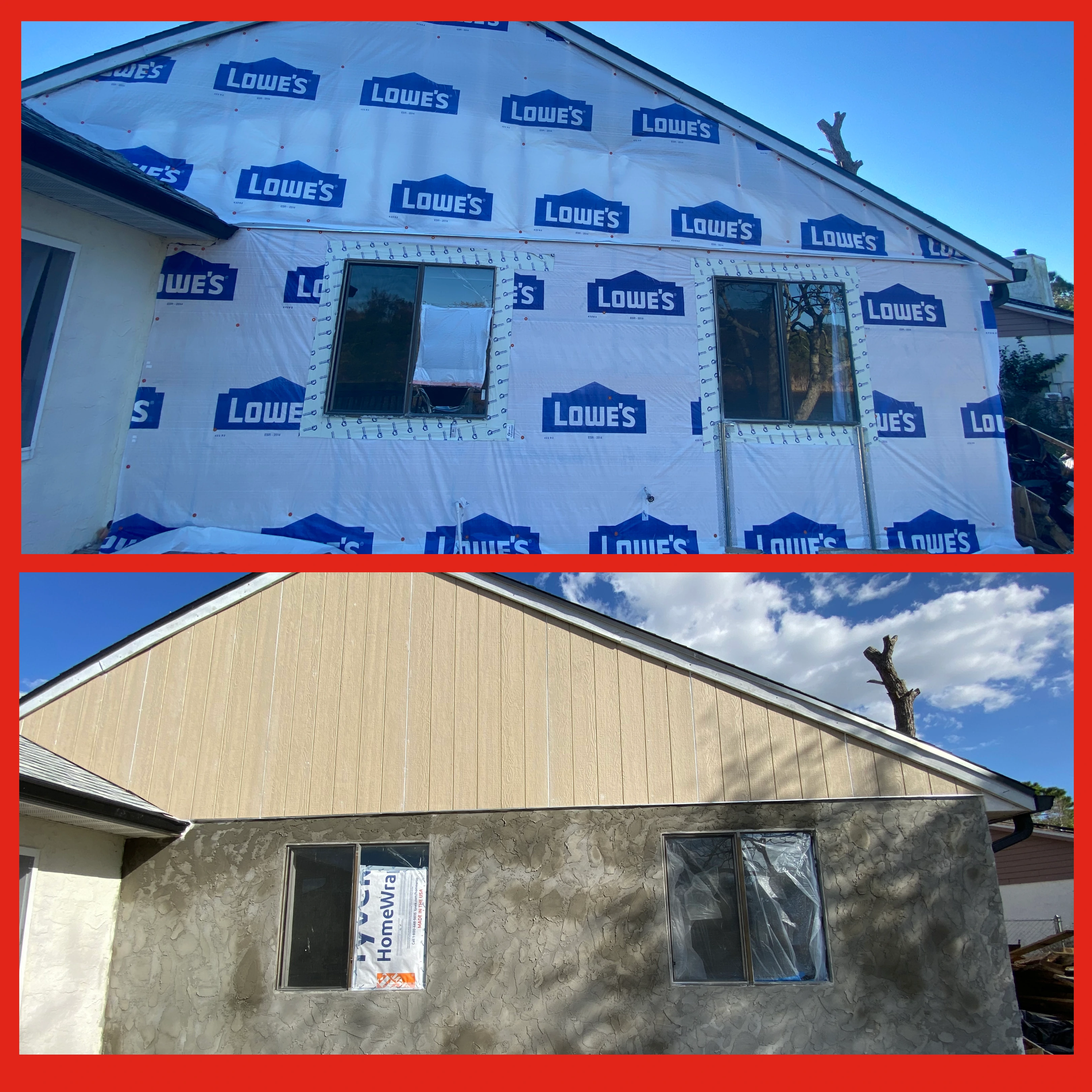 A home with no siding and exposed sheathing, and the final results of the siding installation completed by Mr. Handyman.