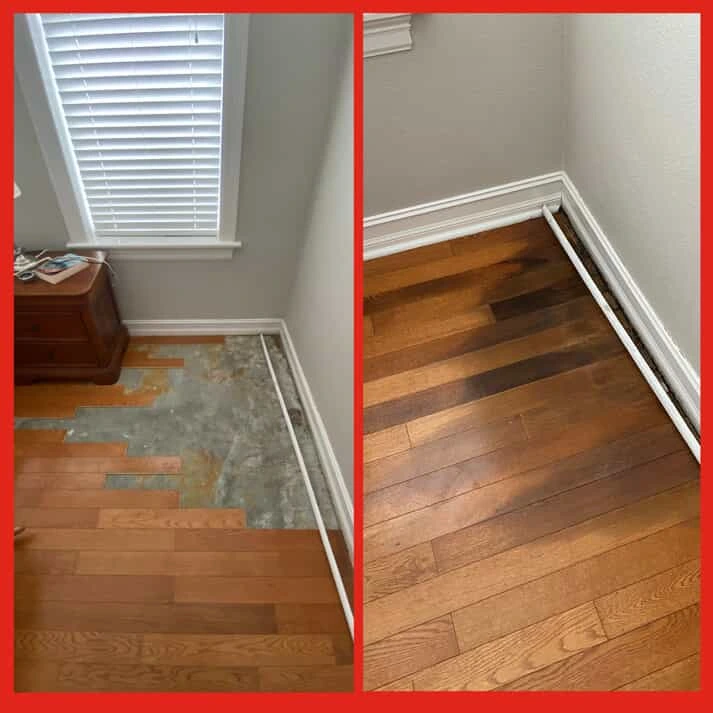A section of wooden flooring before and after it has been fixed with flooring repair service from Mr. Handyman.