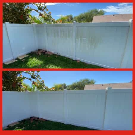 A vinyl fence before and after it has been power washed by Mr. Handyman.
