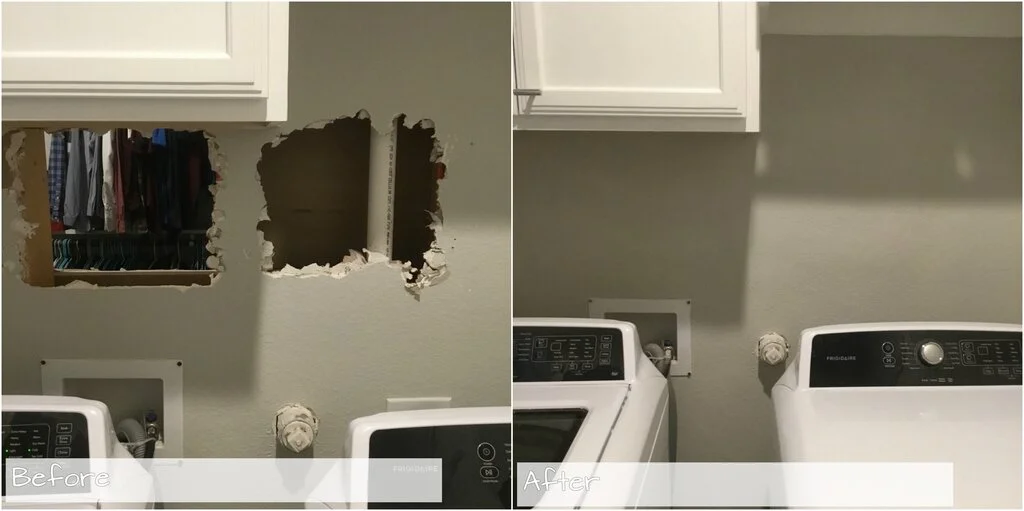 A wall in a laundry room with two holes before and after the holes have been repaired with help of Mr. Handyman’s services for drywall repair in Lucas, TX.
