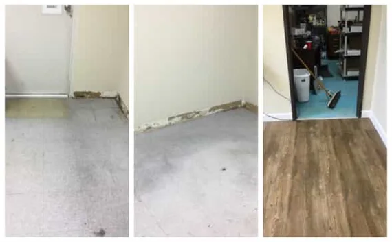 The floor in the room of a commercial building before and after the flooring and trim have been repaired and replaced by Mr. Handyman.