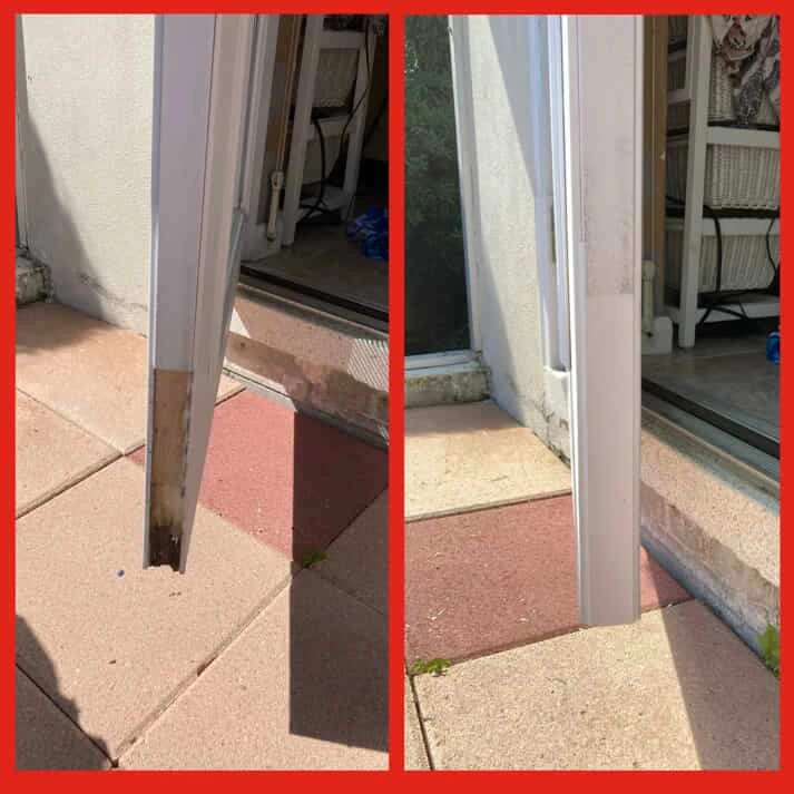The bottom corner of a door before and after a section of worn wood has been fixed with door repair service from Mr. Handyman.