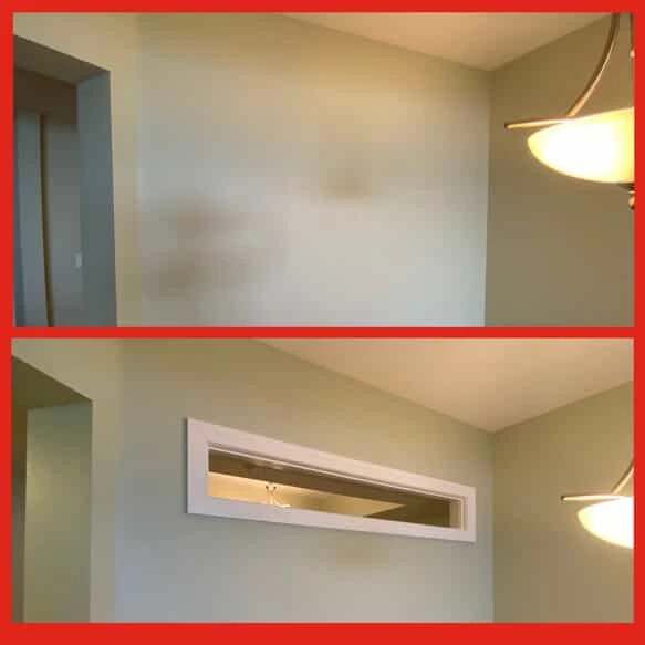 The top section of a wall before and after a narrow mirror has been installed and trim has been installed around it by Mr. Handyman.