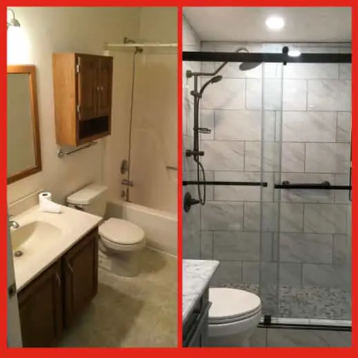A bathroom before and after Mr. Handyman has completed a remodeling project that involved renovating the shower and installing new countertops.