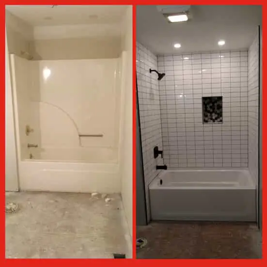 A combination shower-bathtub unit before and after Mr. Handyman has installed new tiles and fixtures.