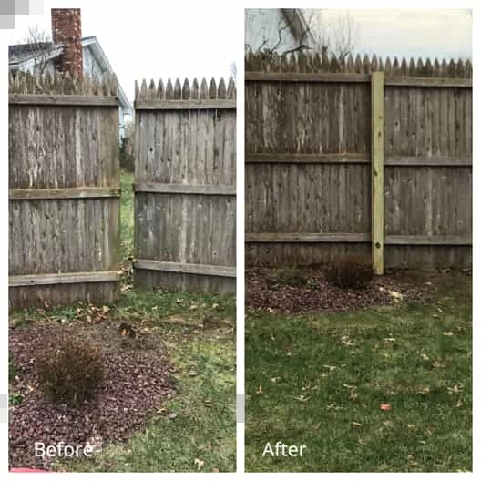 A broken fence with a missing post, and the repaired fence with a new post installed by Mr. Handyman.