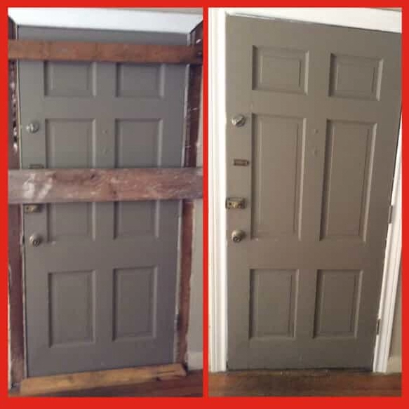 A door that has been boarded up and has a damaged frame before and after it has received door repairs from Mr. Handyman.