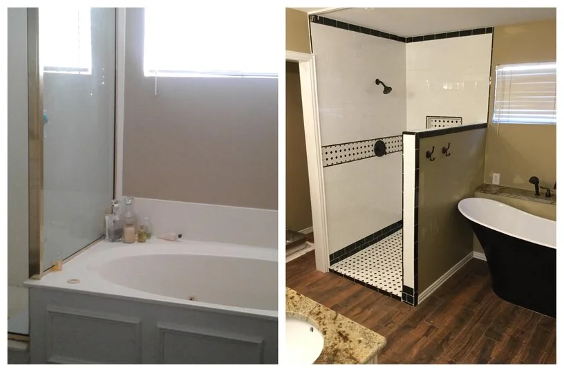 A residential bathroom before and after it has been remodeled by Mr. Handyman.