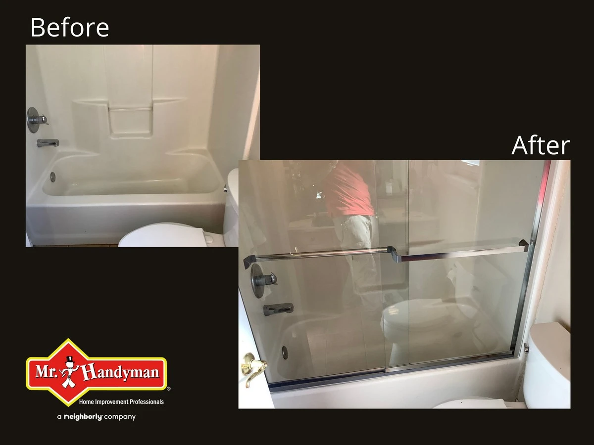 Before and after images of a combination shower-bathtub that is having sliding glass shower doors installed by Mr. Handyman.