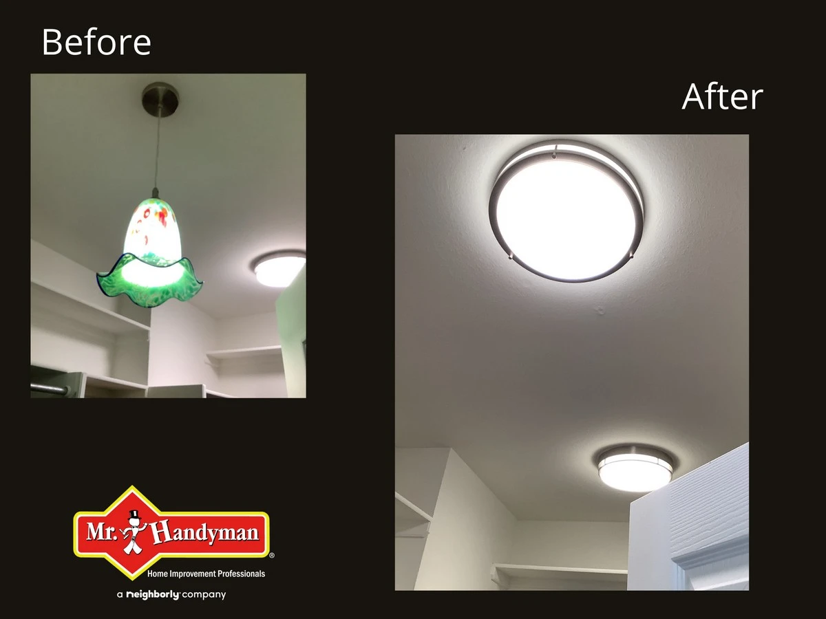 Before and after images of an outdated ceiling lamp with porcelain shade and newly installed recessed lighting that is perfectly flush with the ceiling.