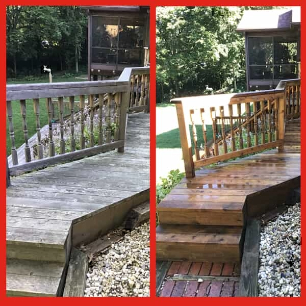 Wooden decking before and after it has been pressure washed by Mr. Handyman.