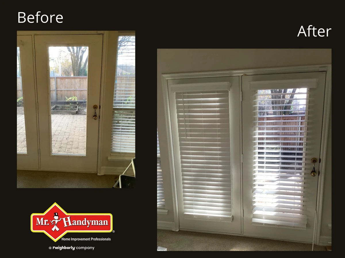 Before and after images of patio doors with a large glass section having new blinds installed by Mr. Handyman