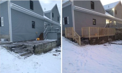 : A stone patio outside of a home before and after new wooden railings have been installed along the sides of the patio.