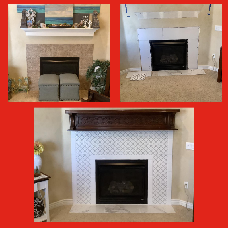 A fireplace with tile surrounding it before, during and after the tile has been removed and new tile has been installed by Mr. Handyman.