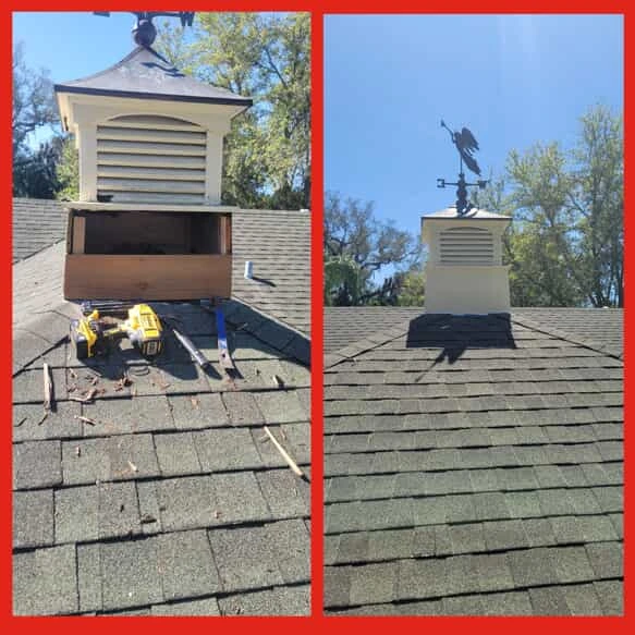  A weather vane and chimney stack before and after part of the chimney has been repaired by Mr. Handyman.