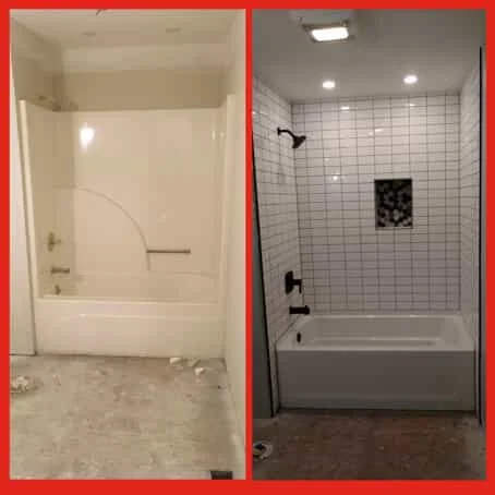 A residential shower before and after it has been renovated with new tiles and fixtures installed by Mr. Handyman.