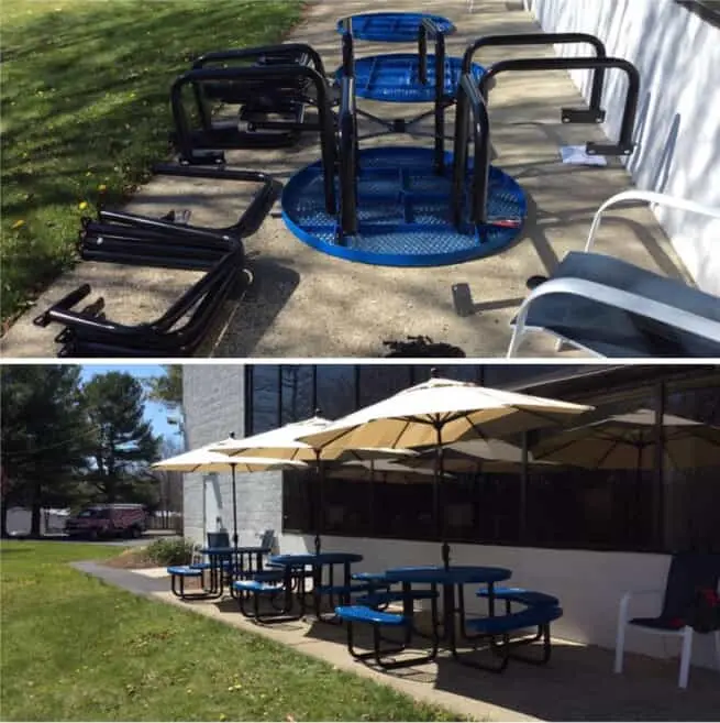  A set of metal picnic tables before and after they have been assembled by Mr. Handyman.
