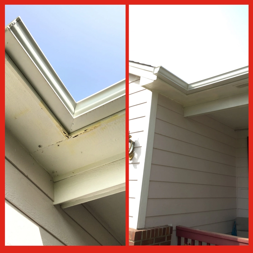 Rotted soffits at the corner of a residential roof and the final results of the soffit repairs completed by Mr. Handyman.