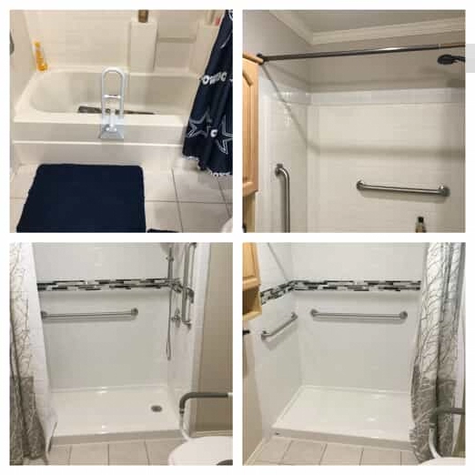 A combination shower and bathtub before and after a standing shower conversion has been completed by Mr. Handyman.