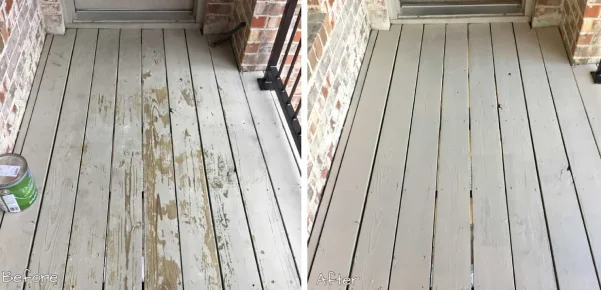 An old deck before and after it has been repaired and repainted by Mr. Handyman.