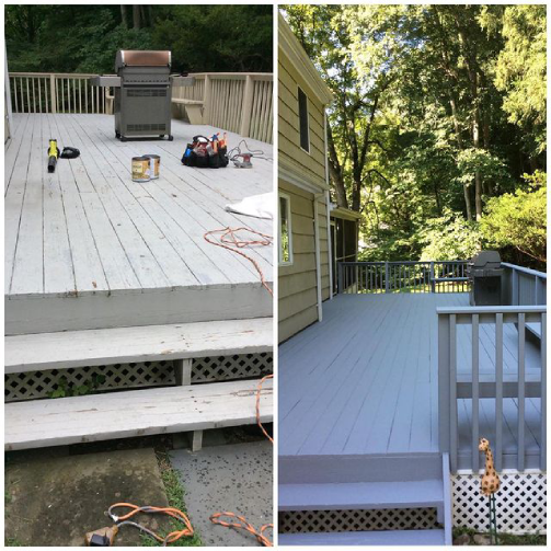 A residential deck before and after it has been repaired and painted by Mr. Handyman.