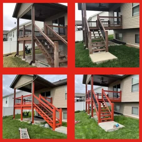 A raised deck before and after it has been refinished and repainted red by Mr. Handyman