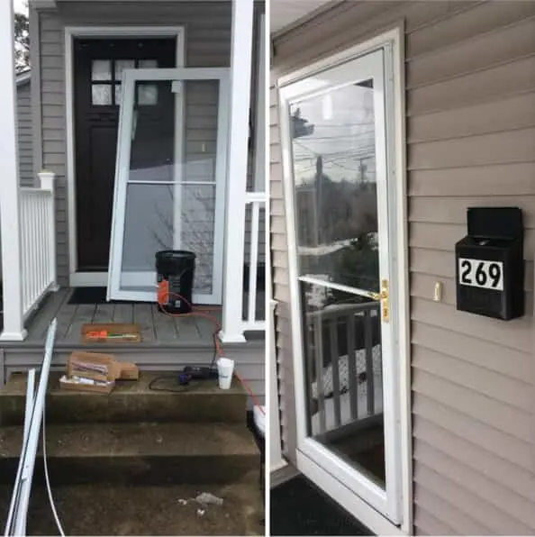 A before and after comparison of the front door of a home in Fairfield after the screen door has been replaced