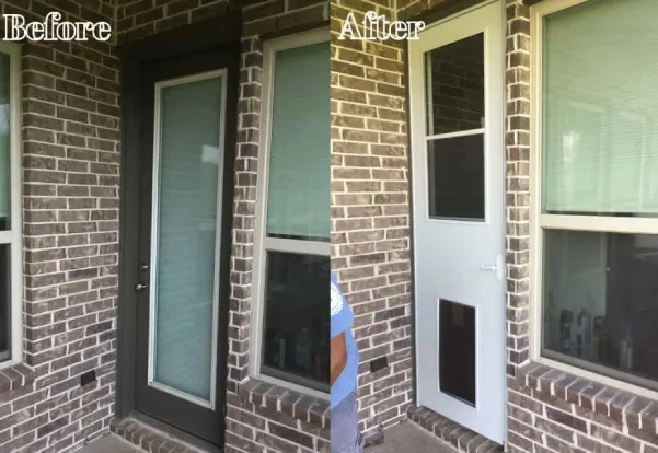 The front door of a home before and after it has been replaced by Mr. Handyman.