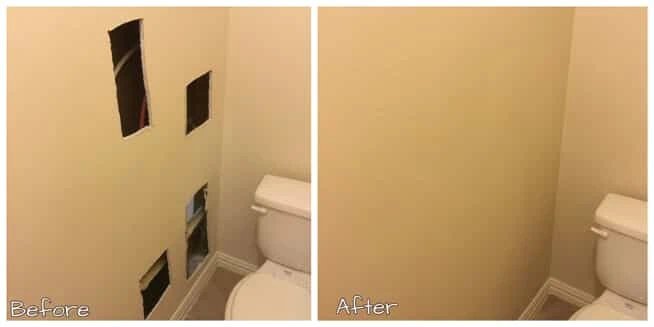 Before: dry wall damage on the wall next to a toilet; after: repaired drywall next to the same toilet.