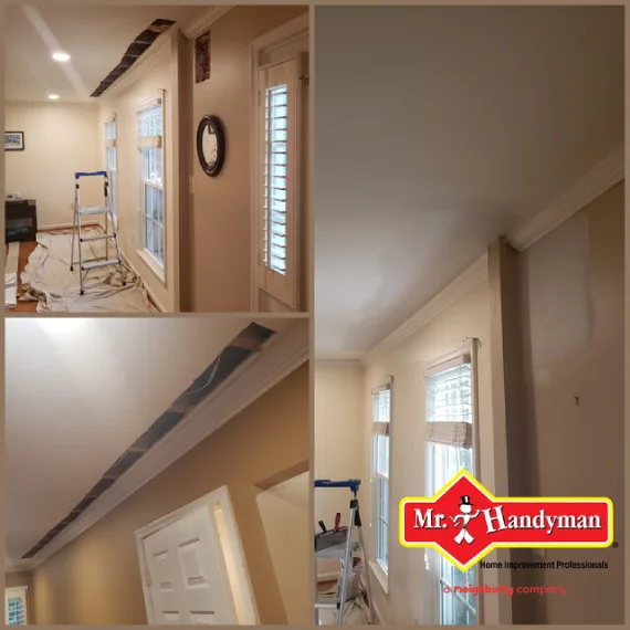 A ceiling in a bedroom before and after drywall repairs have been completed for a large hole.