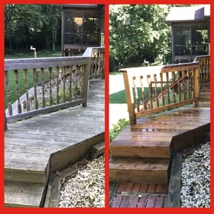 An old, worn deck and railing before and after they have had dirt washed away with pressure washing services in Edwardsville, IL.
