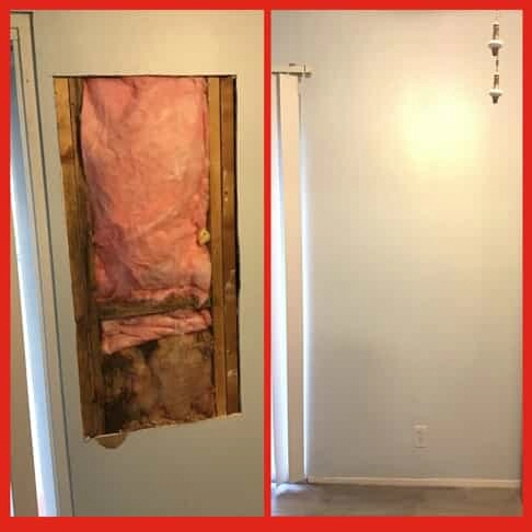  A hole in a home’s wall with insulation visible in the space behind the wall and the same wall after it has been fixed with Mr. Handyman’s services for drywall repair in Edwardsville, IL.