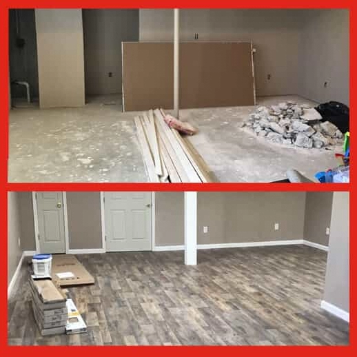 An unfinished basement before and after new flooring has been installed by Mr. Handyman.
