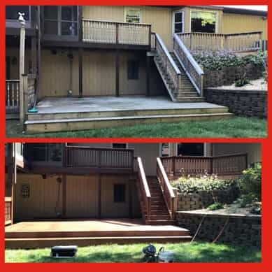 A two-story deck before and after it has been repaired and refinished by Mr. Handyman.