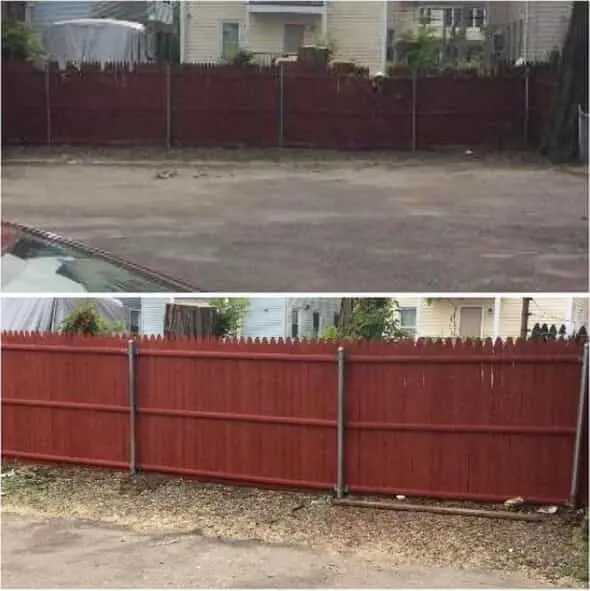  A before and after comparison of a wooden fence that has been repaired by Mr. Handyman.