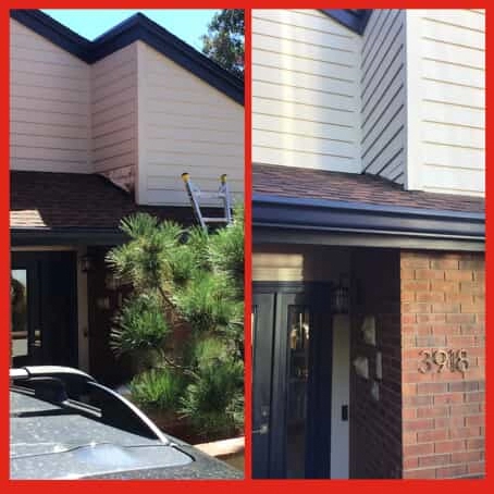 A section of siding above the overhang of a home’s entryway before and after Mr. Handyman has provided service for siding repair in Firestone, CO.