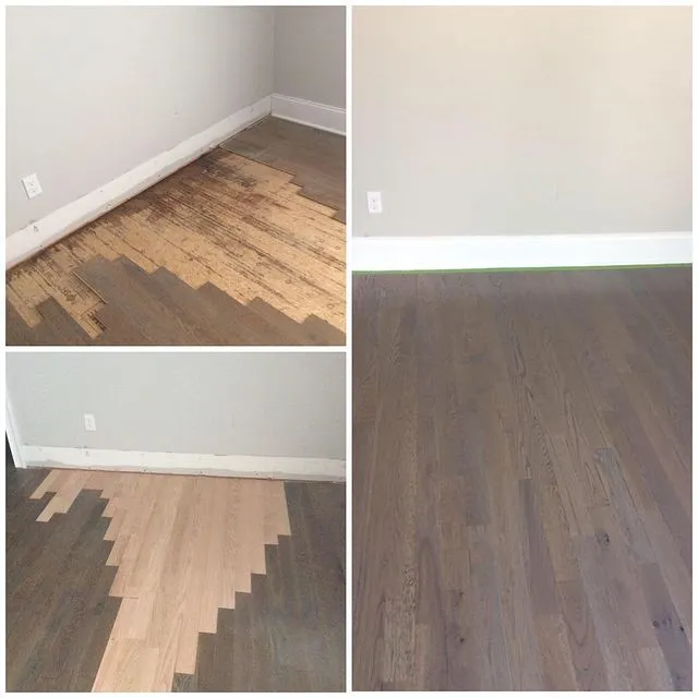  A section of flooring with rough, worn boards, and the replacement boards installed by Mr. Handyman during an appointment for flooring installation and repair.