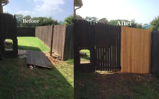 A fence surrounding the backyard of a home with a missing fence gate, and the same fence after a new fence gate has been installed.
