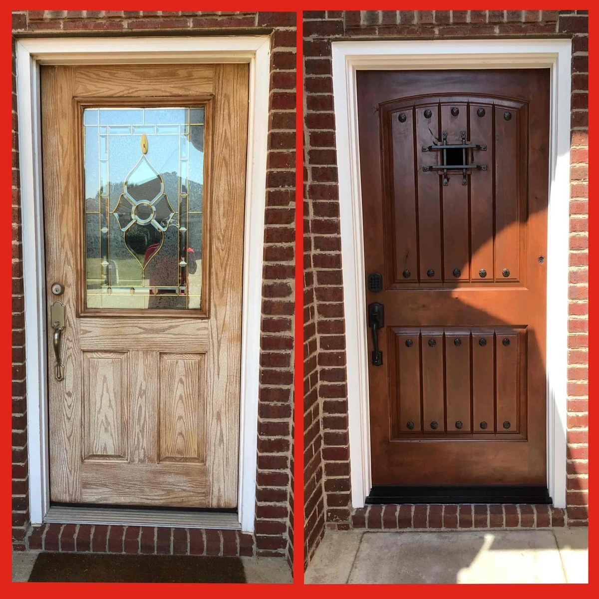 The front door of a home before and after it has been replaced with the help of Mr. Handyman’s services for door replacement in Primrose, TX.