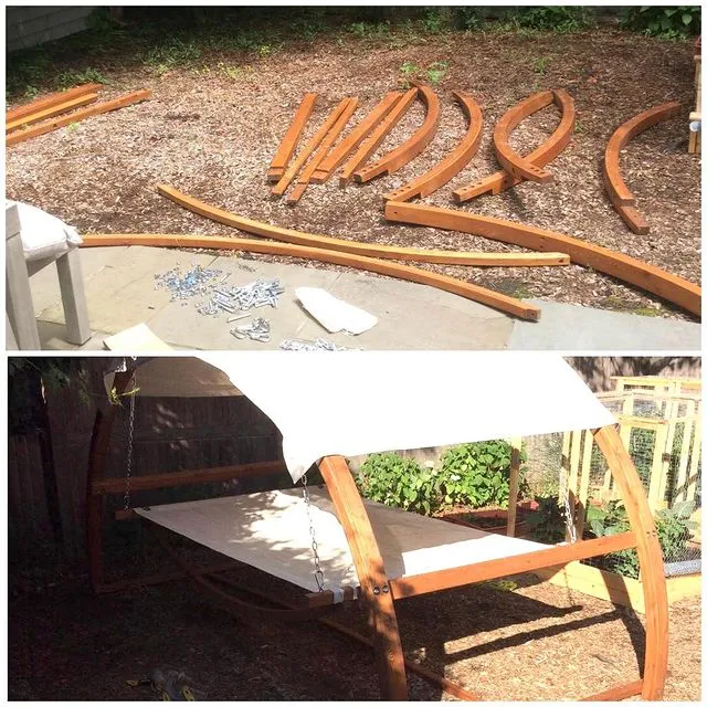 A hammock and hammock stand with a canopy before and after it has been assembled by Mr. Handyman.