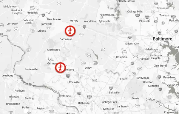 A map showing the Gaithersburg, MD, area and its Mr. Handyman locations with red circular icons.