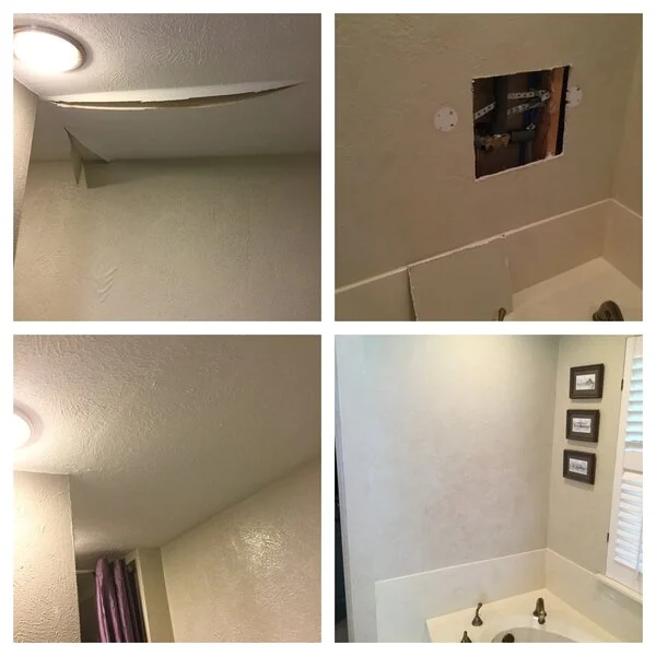 A damaged ceiling and wall in a bathroom before and after repairs have been completed by a Garland handyman.