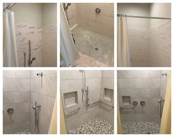 Multiple images of a shower remodel before and after it has been completed by a Garland handyman.