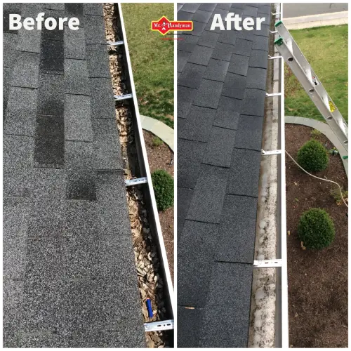 Gutters along a home's roofline that are clogged with leaves and the same gutters after they have been cleaned by Mr. Handyman.